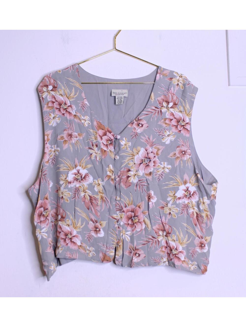 VTG Gray Pink Floral Crop Button Down Sleeveless Blouse - 26/28